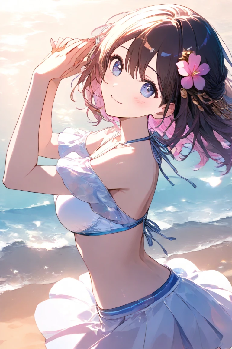 (masterpiece、highest quality、highest quality、Official Art、Beautiful and beautiful:1.2)、(One girl:1.3)Hatsune Miku、Twin tails,Big Breasts,Photorealistic、Doll standing in front of the painting、Swimwear、Smiling Face、Water drops on cheeks、Take an outstretched pose、Sengai、pixiv、Rococo、dollfie dream、水彩Nendoroid、(High Resolution Figure)、Flowing iridescent silk、Nendoroid、Close-up of face、There are also flowers in front of the Nendoroidorning glory petals、season!!: 夏☀ 🍂 朝顔