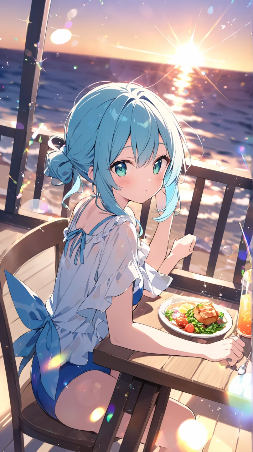 Light blue hair、Short Bob、Deep green eyes、Small breasts、Cute Summer Dresses、Italian restaurant、Pizza on the table、pasta、Gratin、ice cream、The wine is placed、Eating pizza with a smile、1 Girl