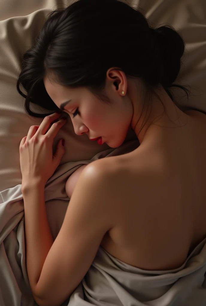 A dark-haired、Mouth open、Complete Anatomy、perfectly flat breast、cute face、Twin tail hair、Natural lighting、dynamic ungle、In the dimly lit chamber、Lying down、very small waist、Extremely thin thighs、Open legs、skin is wet、Red face、Extremely small bust、narrow shoulders、Delicate body、head is large、eyes large