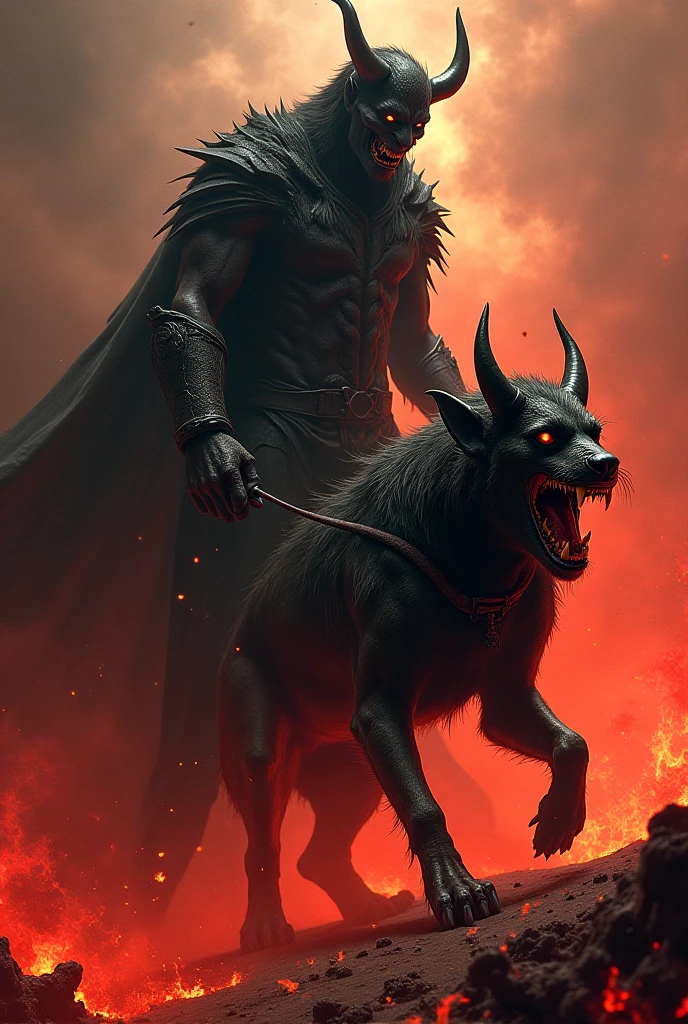 super terrifying demon slaughtering a black dog