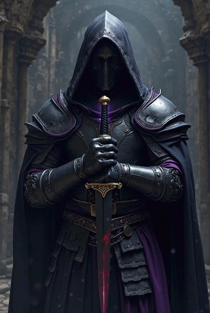 A bodyless armor, purple shawl, purple hood, no face, male, armor carving, iron armor, black face, scarlet eyes, barrel helmet, peephole, iron crown, holding a Ornate black and purple one-handed sword, gothic style, in a dark forest
