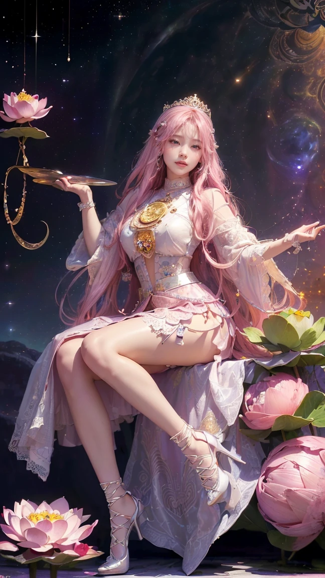 A shining old lady adorned with various jewels，The rabbit is holding a large ball，Staring straight into the camera， in the center，Very bright color, Light Particles, The light shines, Musibu, Wallpaper Art, UHD wallpaper,Background pink、fortune telling for meditation、Mysterious