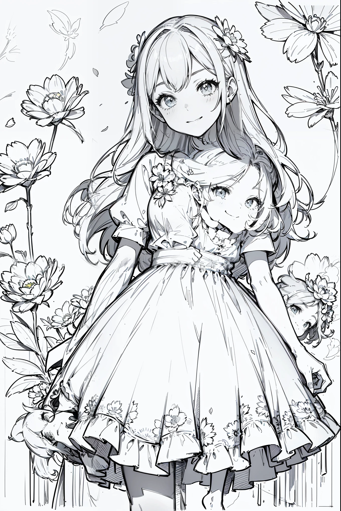 line art , Line Art、Black and White、Gray Hair、 White Outfit 、Simple lines、masterpiece, top quality,1. sketch, ((1. Line Art)), ( pencil drawing), Barbie Happy Girl with a bunch of flowers,bust up, alone, long hair,smile, fringe , party dress, shirt, Short sleeve, Casual Outfit, open your mouth, flower, flower, flower, Holding a bunch of flowers, flower, line art ,((sketch)), white background, Draw a line,flowerfield,,background with lots of flowers, high definition, Retina opens her mouth a little,