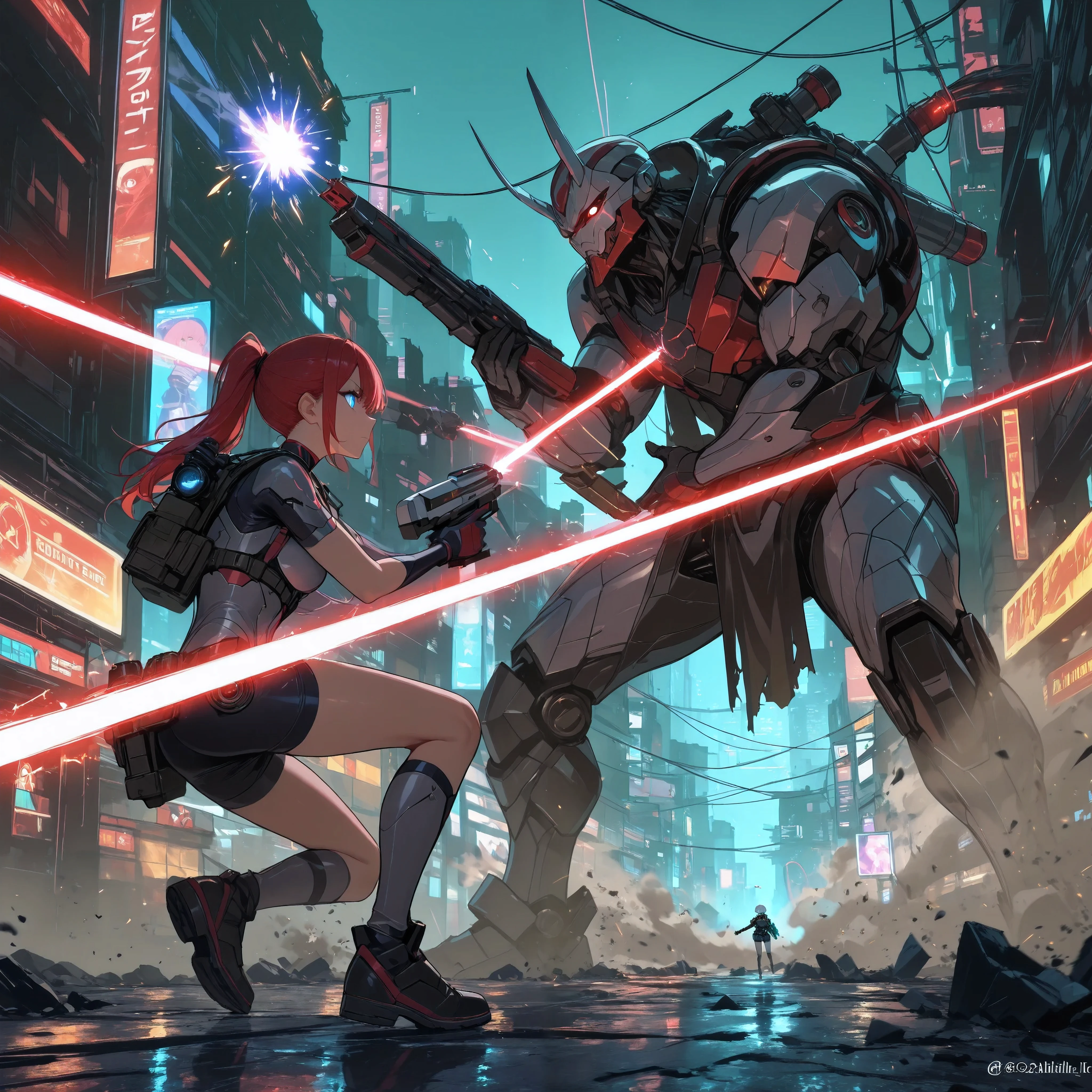 A futuristic cyberpunk battlefield at night,Shorts. Holding laser gun. looking at another,looking at object,They shoot lasers at each other. Ponytail. illuminated by neon signs and holographic billboards. A slender female warrior with a sleek, armored bodysuit and cybernetic enhancements is engaged in a desperate gunfight against a massive, oni-inspired mechanical titan. The air is filled with the glow of red-hot laser beams, creating intense depth and motion blur as they slice through the scene. The giant mechanical enemy looms over her, its glowing crimson eyes locked onto its agile opponent. The female warrior, with her short tactical haircut and determined expression, rolls to the side, dodging a powerful energy blast while returning fire with her high-tech laser pistol. The perspective is dynamic, with a low-angle camera emphasizing the sheer size difference between the two combatants. The laser beams stretch across the frame, leading the viewer's eye through the action. Smoke, sparks, and debris fill the air, adding tension and realism to the battle. blue eyes,
(masterpiece, detailed:1.2),Heroine.blue eyes,facing to the side,xss