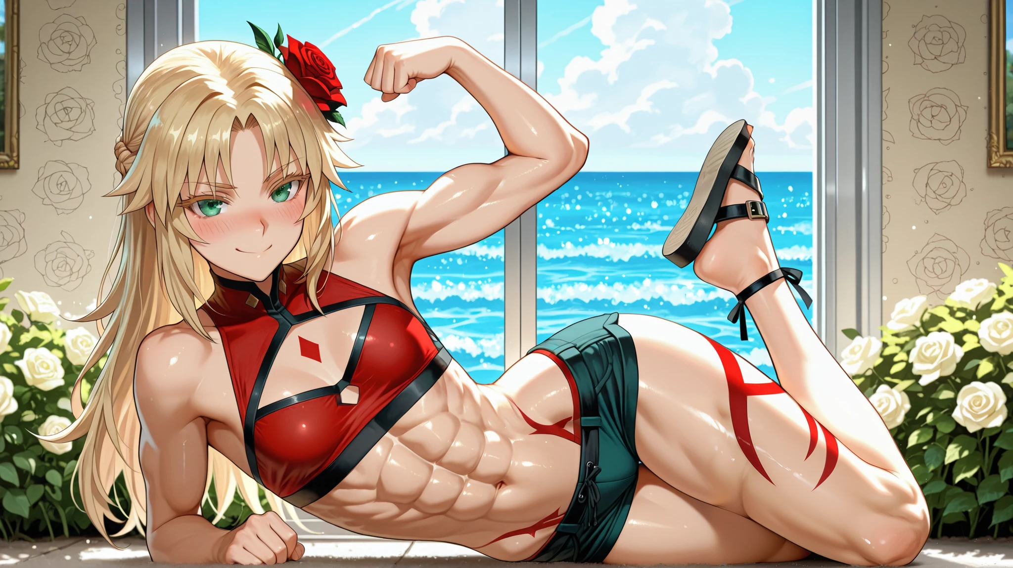  mordred (fate) a beautiful young girl  standing on a ground with her legs crossed, a window with the ocean and clouds in the background, small breasts, long hair, blonde hair, abs, legs bent up, blush, fit female, flexing, shiny skin, green eyes, lying, navel, short shorts, clothing cutout, solo, striped, bikini,  thighs,  gluteal fold, booty, colored eyelashes, nose blush, body markings, detailed painting, slim body, naughty face, hair flower, rose, sandals,  beautiful flower bushes, With A Nice Handful Of Trees, ufotable, (beautiful detailed eyes),Textured eyesStylistic eyes, reflecting lips, perfect hands, perfect face, 