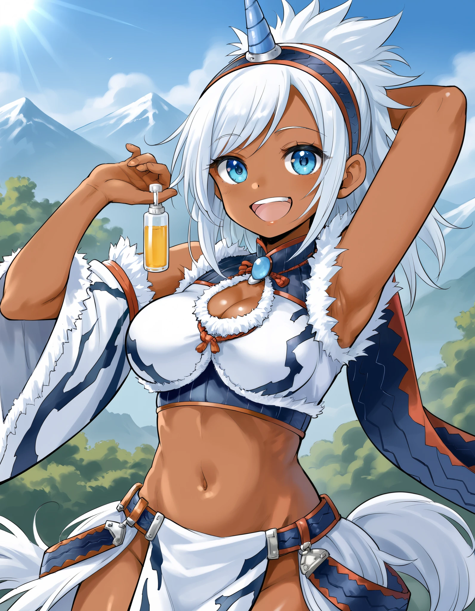 best quality, integrated scenery, integrated background, extremely delicate and beautiful, meticulous details, good composition, , cute face, perfect face,( score_9:0.9), score_8_up, score_7_up,rating_safe, anime style,(zPDXL), Armor , ung_girl, Alone, single_purple_horn Hairband, Blue Eyes, belly button,large_breasts, white loincloth, white kimono sleeve , smile, mountain background, monochrome, white bandeau, armpit,raise_arm,(abs:0.6),big_smile,spiky_bangs,sunlight,dark_skin,oil,(crotch_curtain),open_mouth,teeth,
