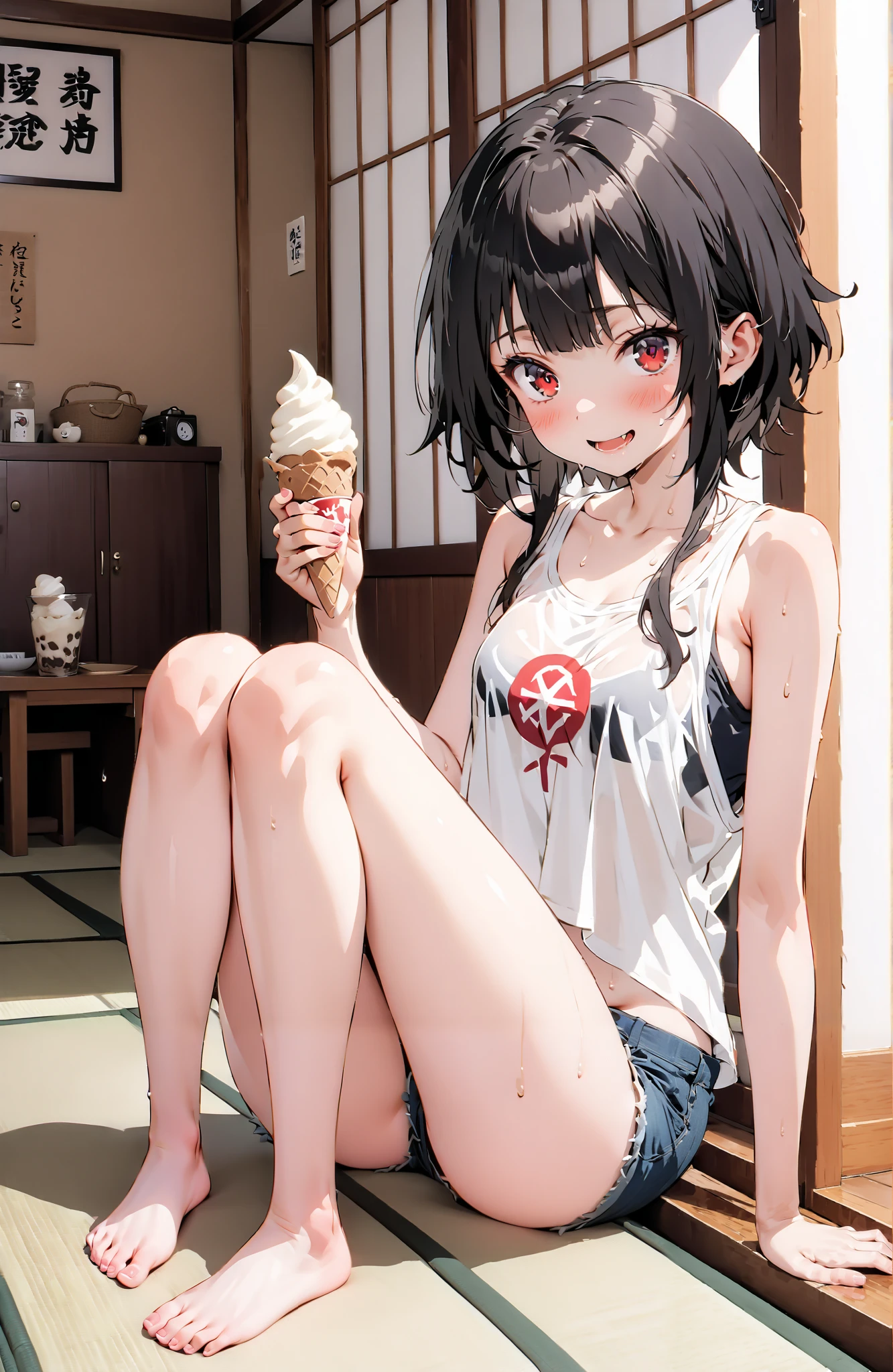 score_9, score_8_up, score_7_up, source_anime,
konosubaMegumin, Megumin, short hair, black hair, red eyes, short hair with long locks,smile,blushes,open their mouths,sweat,see-through,Loose tank top,denim micro shorts
,Bare legs,Holding soft serve ice cream with one hand,eating soft serve ice cream,sweat, sitting on the veranda,tatami,Japanese-style room,noon,sweat,Japanese Garden,full bodyがイラストに入るように,break indoors,縁側,
break looking at viewer,full body,
break (masterpiece:1.2),top quality , kampala, Unity 8K Wallpaper ,(shape:0.8),( fine, beautiful eyes :1.6),It's a person ,full body写真,CG Details , (perfect hands,complete anatomy),