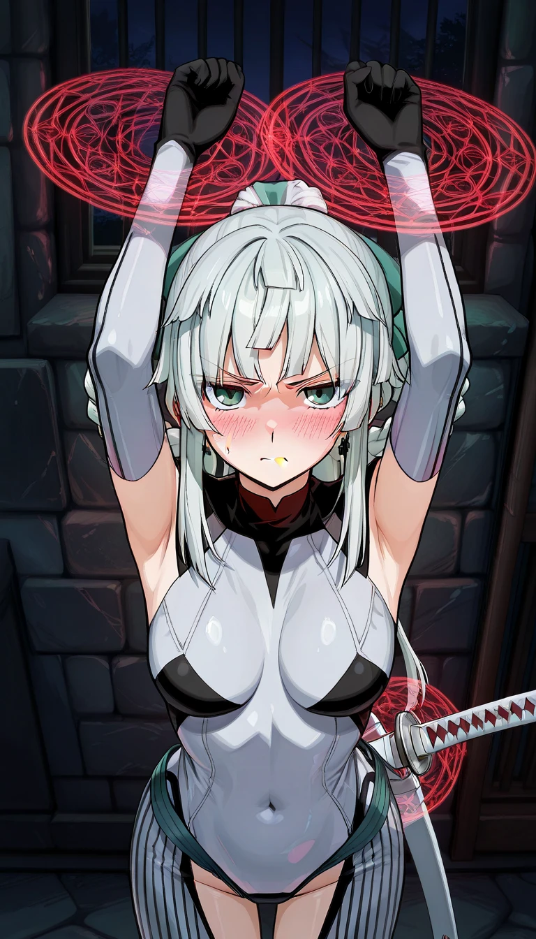 Eris, ERIS, SHORT HAIR, WHITE HAIR, PURPLE EYES, SCAR, NAVEL, LONG HAIR, VERY LONG HAIR, Small breasts, nude, red gag, Blushing, frowning, Bondage and BDSM, Whole body, kneeling position on the floor, Ball Gag, red gag, Arms behind back, arms tied, bdsm, bondage, bound, bound legs, shibari, rope, spread legs, barefoot, arms behind back, bondage shibari, saliva, drooling, excessive saliva, pussy vibrators, Takate Kote, Panting, ((Blindfolded eye, Blindfold around the head )), Cat position, Nipple piercing, Nanao Yukiji style,