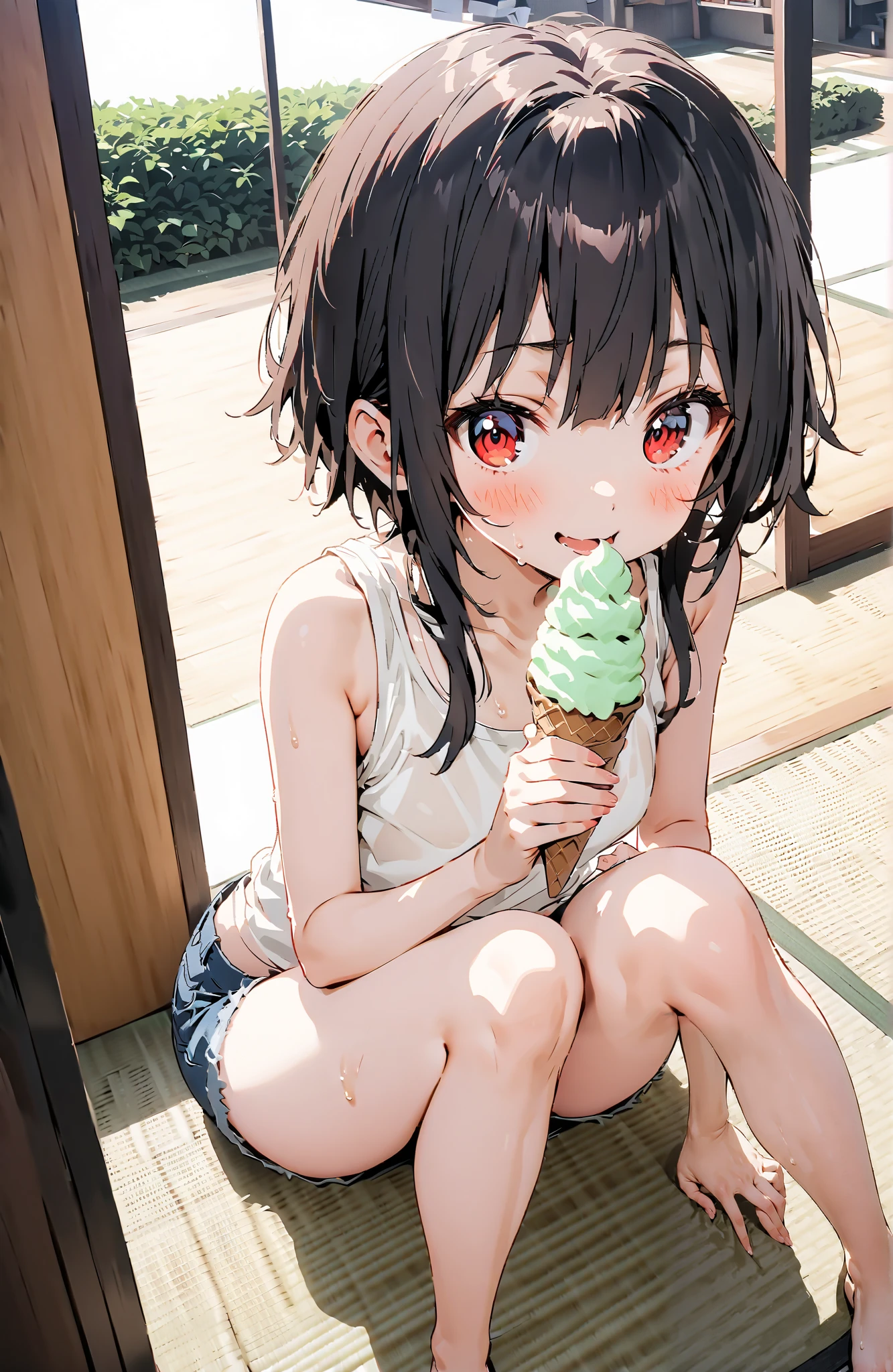 score_9, score_8_up, score_7_up, source_anime,
konosubaMegumin, Megumin, short hair, black hair, red eyes, short hair with long locks,smile,blushes,open their mouths,sweat,see-through,Loose tank top,denim micro shorts
,Bare legs,Holding soft serve ice cream with one hand,eating soft serve ice cream,sweat, sitting on the veranda,tatami,Japanese-style room,noon,sweat,Japanese Garden,full bodyがイラストに入るように,break indoors,縁側,
break looking at viewer,full body,
break (masterpiece:1.2),top quality , kampala, Unity 8K Wallpaper ,(shape:0.8),( fine, beautiful eyes :1.6),It's a person ,full body写真,CG Details , (perfect hands,complete anatomy),