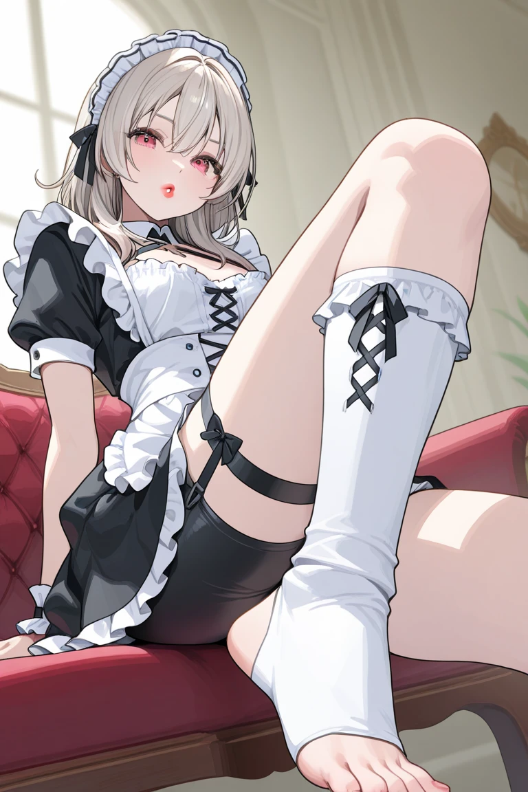  girl,halo,bedroom,white hair,(fox ear),medium breasts,open mouth,petite,close-up,black panties，spread legs,on chair,black thighhighs，gel up，endured face,maid