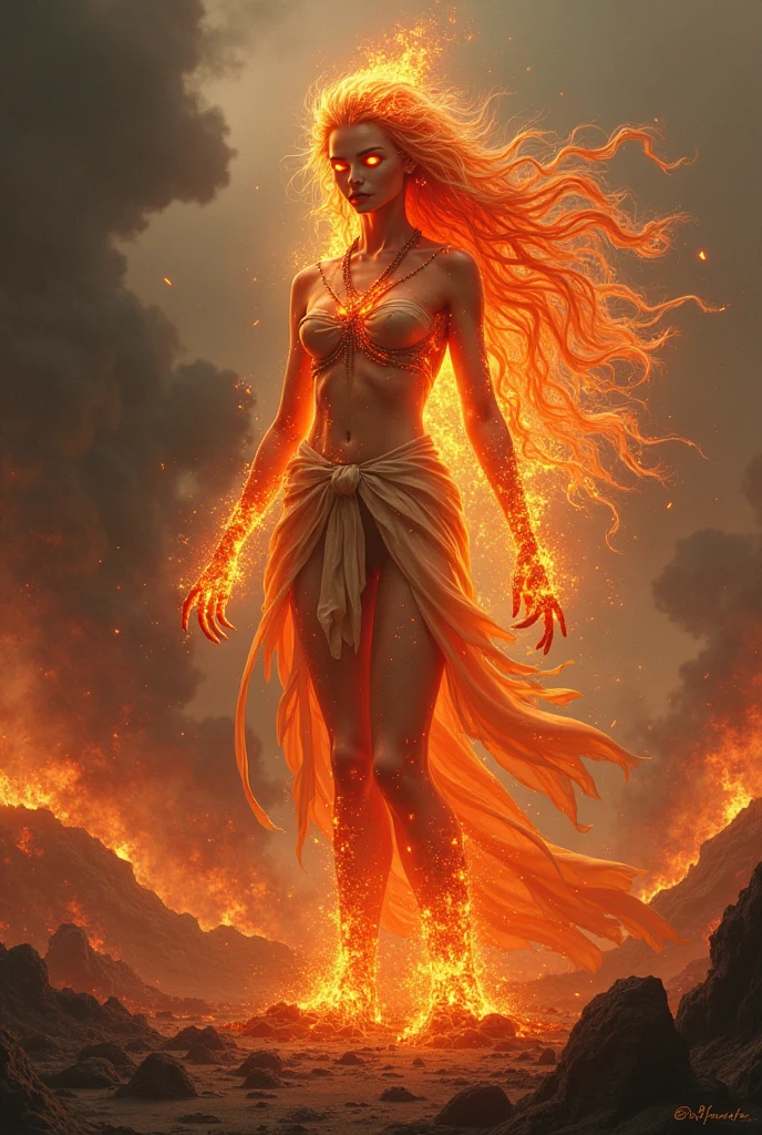 *In the heart of an active volcano, amidst rivers of molten lava and intense heat, a powerful female entity stands at the center of a fiery ritual. She is the Ember Incarnation, born from the very core of the volcano, embodying the essence of fire. Her body is a living inferno, composed of flickering flames in shades of red, orange, and yellow, with her hair flowing like molten lava. Her eyes, twin orbs of white-hot light, focus intently on the task at hand.

Before her, she summons the Guardian of Fire, a majestic and fearsome figure rising from the molten depths. The Guardian's form is composed of pure flames, radiating an uncontainable energy that casts an intense, vibrant glow over the surroundings. As the Ember Incarnation channels her immense power, the air shimmers with heat, and sparks fly from her being, igniting the ground in a blazing spectacle. The Guardian of Fire materializes, his form shifting and flickering with the force of the inferno, ready to be unleashed in battle.*