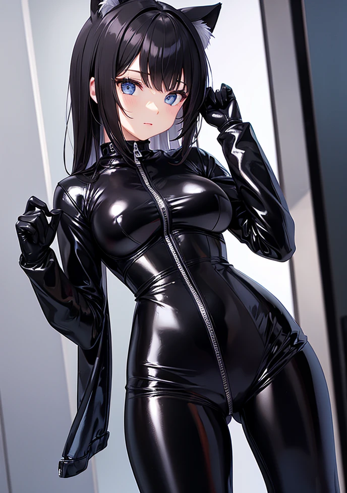 A 17 year old female with a sadistic smile wearing a black shiny PVC bodysuit and a black shiny PVC cape In a prison of iron bars