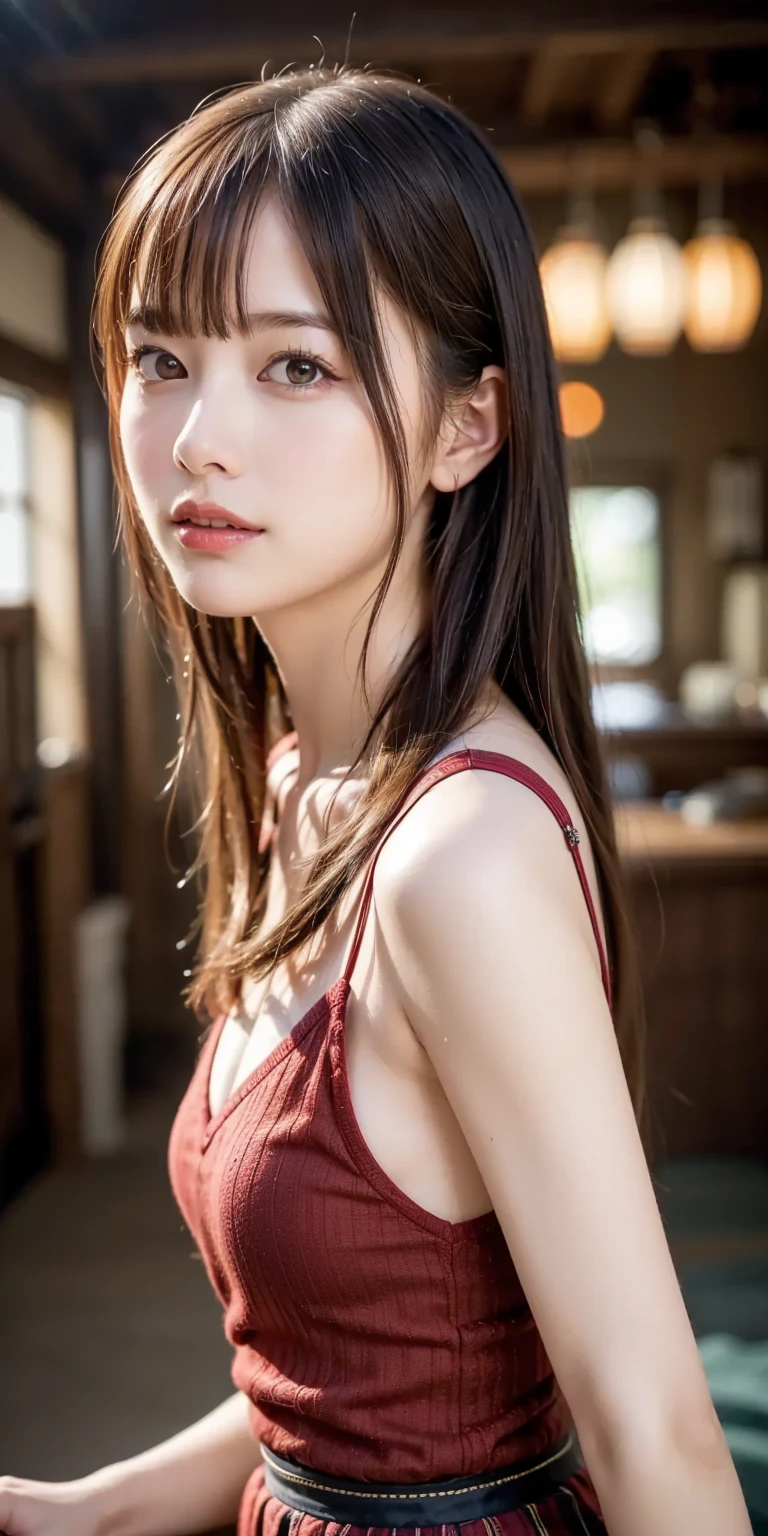 1girl, solo, blurry, leaf, looking_at_viewer, blurry_background, depth_of_field, red_lips, lips, black_hair, food, makeup, hair_bun, fruit, single_hair_bun, closed_mouth, realistic, bare_shoulders, brown_hair, plant, day, nose, sunlight, water_drop