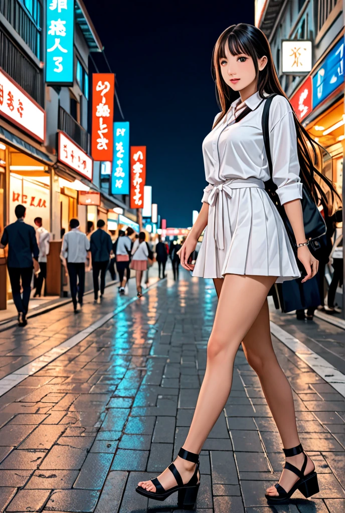 (8k, RAW photo, high sensitivity, best quality, masterpiece, ultra high resolution, fidelity: 1.25), half-body, dog ears, (night), rain, walking, city lights, transparent, white top, red hair
