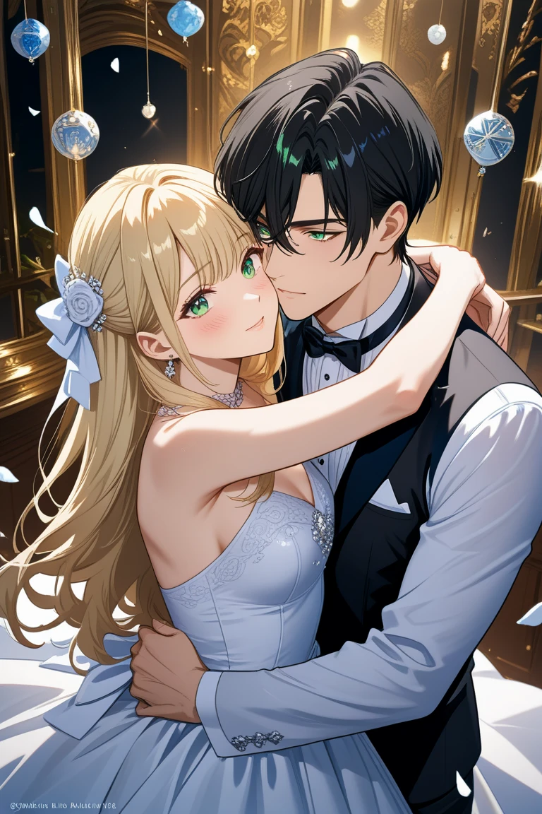 A beautiful moon in the background,a thousand stars at his side,below a young couple