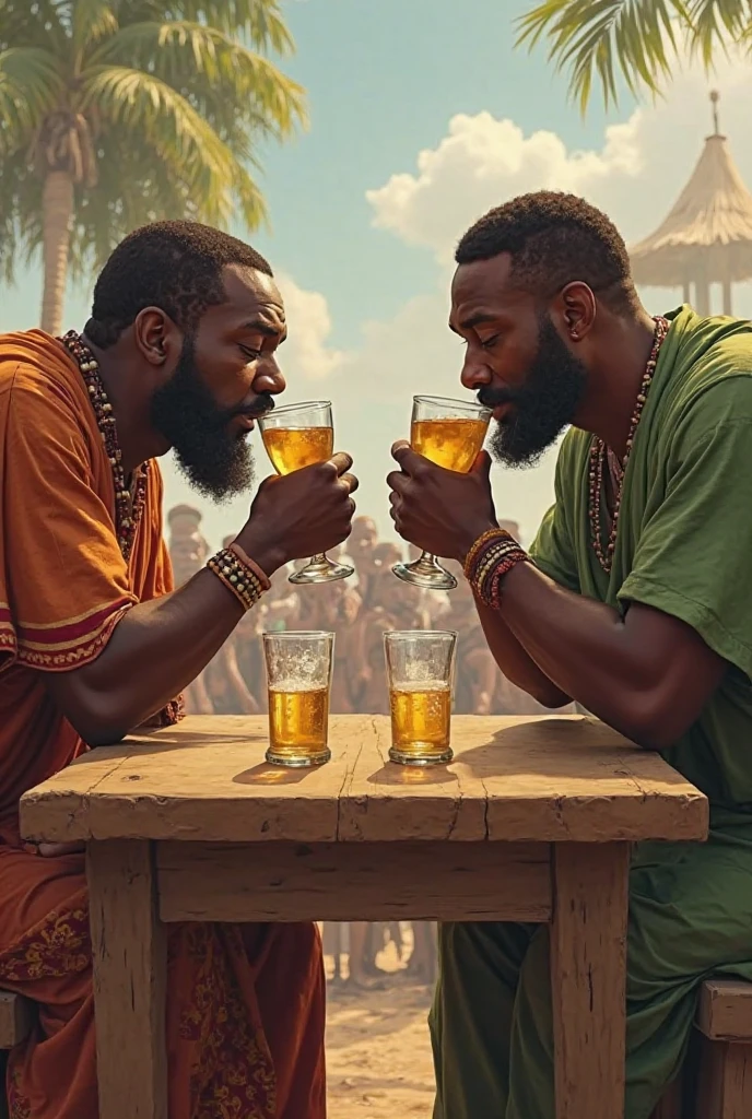 Happy african men sitting around a big pot drinking from it with straws, african village setting, cinematic lighting, artgerm style, 32k, ultra HD, unreal engine rendered, sunrise shining, with iridescent light,
