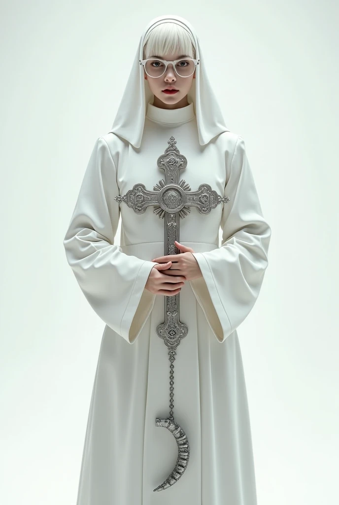 (full body shot, ultra-detailed, best quality, photorealistic:1.37, 4k, realistic, portrait, photography, Uma Thurman with blonde short bob haircut, iconic pose, latex, dressed like a nun, detailed facial features, vibrant colours, 35mm)