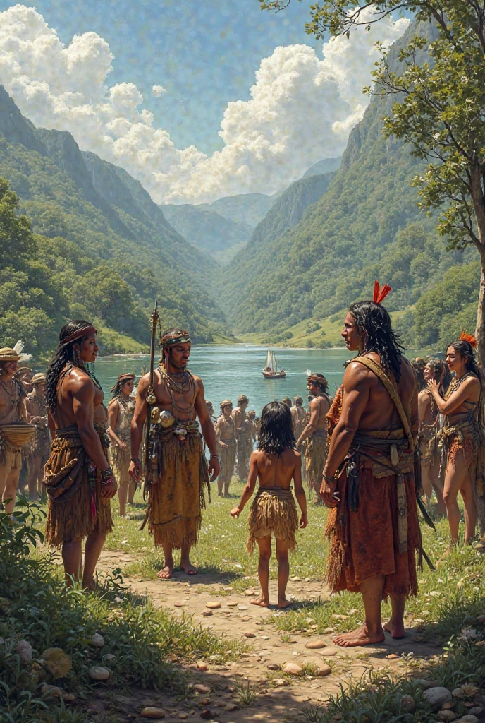 Indigenous people and Europeans in their first contact in the 16th century, come together for a first date. The expressions are mixed, with angry faces ranging from curiosity to distrust