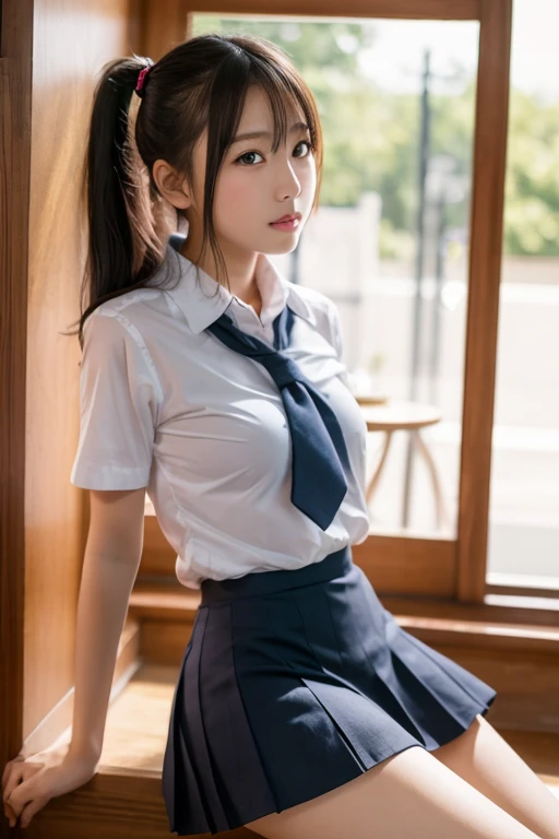 Woman in short skirt and tie sitting in locker room, Cute Schoolgirl, a hyperrealistic schoolgirl, a hyperrealistic schoolgirl, thighhighs and skirt, School Girl, wearing skirt and high socks, wearing skirt, with backdrop of natural light, Wearing school uniform, High school girl posing、Medium bob hair、exposed