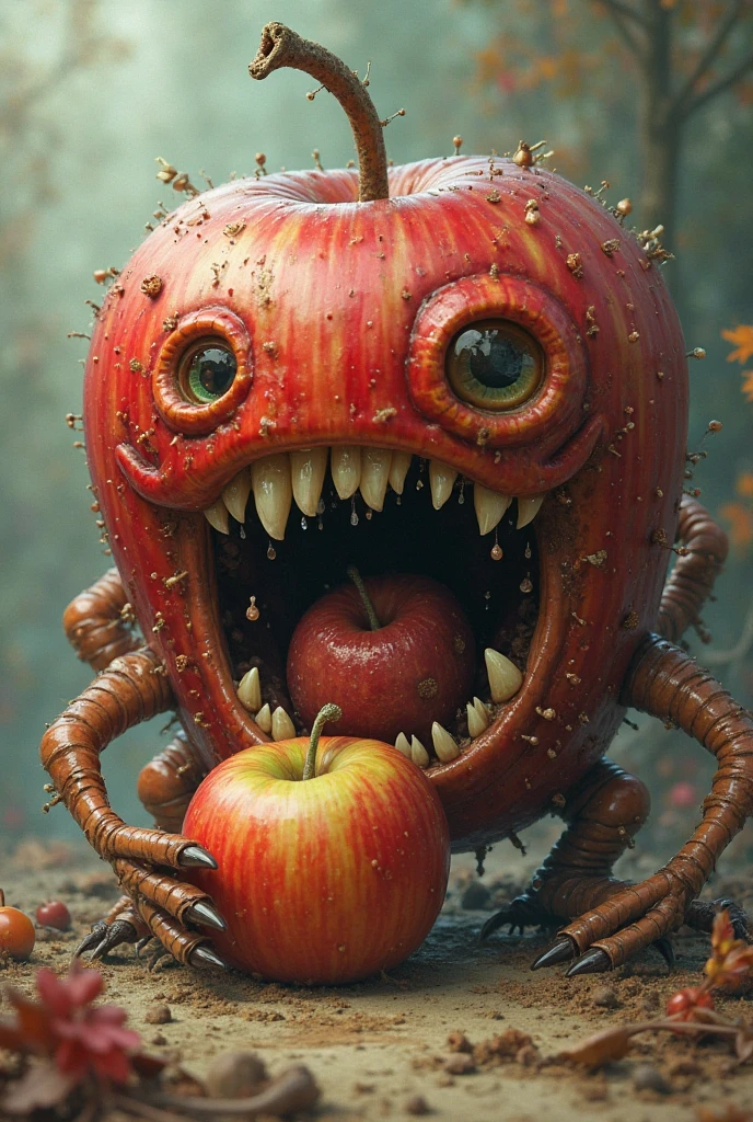 a creepy apple with a sewn on leather face baking out under the sun next to an apple tree, nightmare