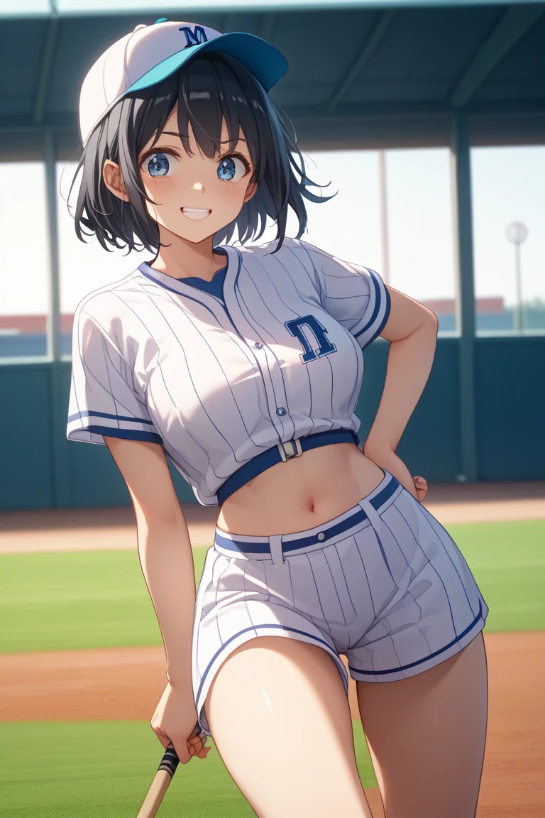 ((NSFW))、(masterpiece, Highest quality, Highest quality, Official Art, beautifully)、Blonde、short hair、Blue Eyes、beautiful girl、、Breasts ared、(Full body photo、To the tips of the feet)、(((Sweat、Soaking wet、Body odor)))、(((Detailed vagina、Love juice ows from the vagina)))、smile、Very det((((Smell fetish))))、Low rise、White Baseball Uniform、Short sleeve、belt、Long trousers、Blue socks、Black Shoes、Baseball Girl、Baseball club、baseball Ground、dodgers uniform、((((Touching the groin))))