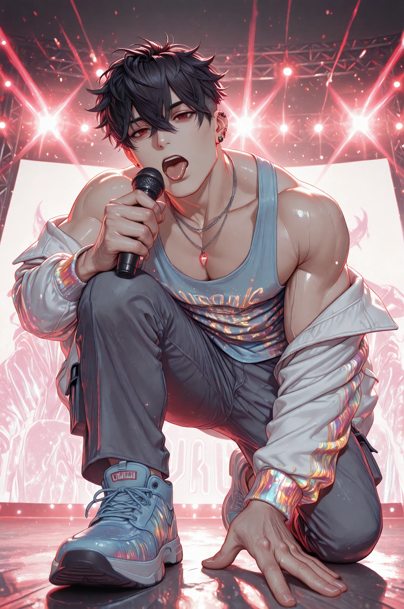 Mec mignon, chanteur et danseur k-pop jeune taille moyenne mignon beau version animé torse nu sexy coréen la même photo mais en short