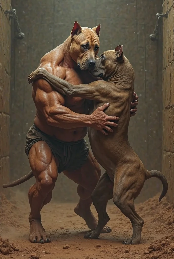 A muscular dachshund with a cap and a slave