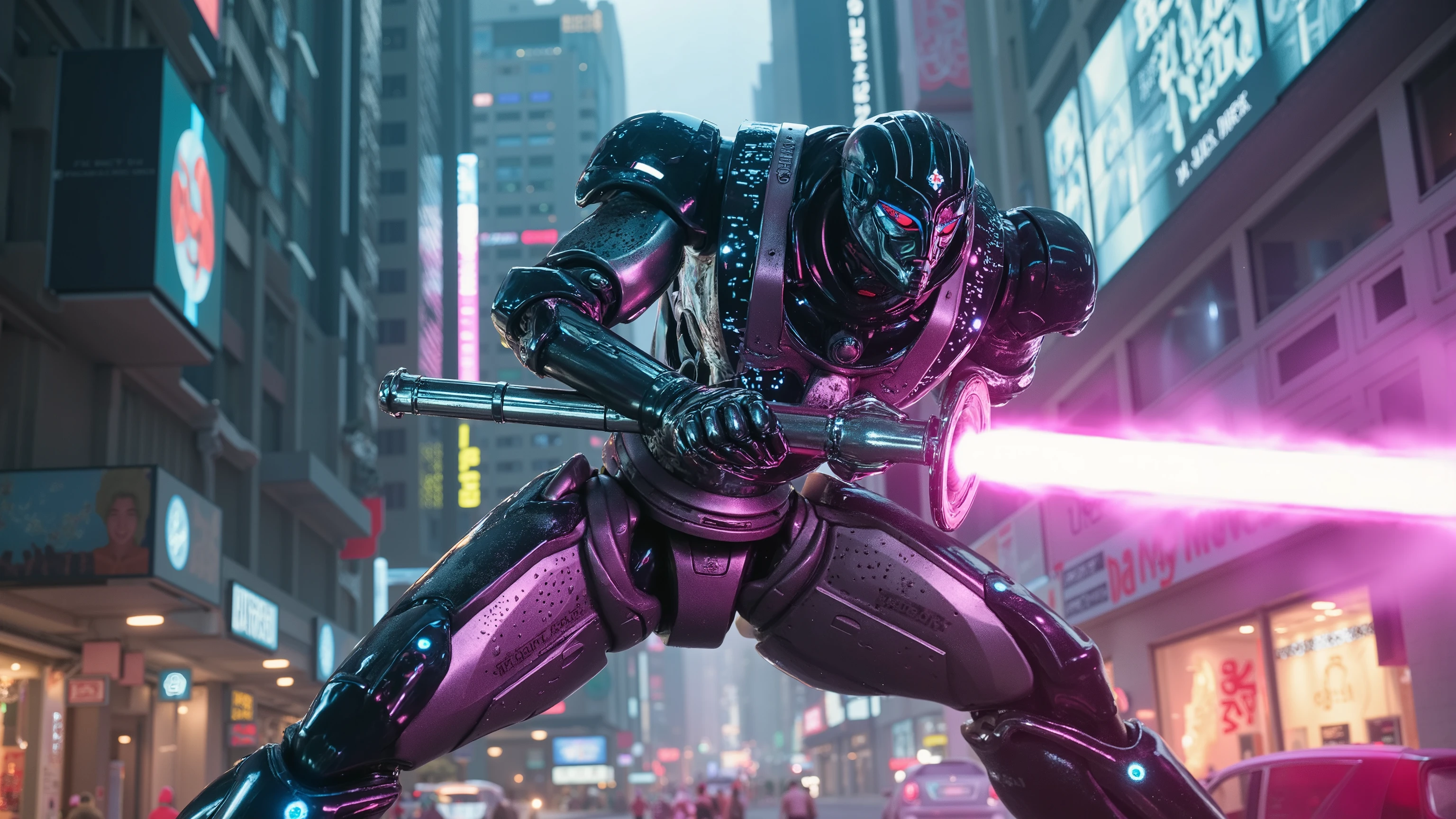 A dynamic action scene featuring a robot warrior in mid-combat, battling on the neon-lit streets of a futuristic city. The robot is metallic, with glowing blue circuits, wielding a plasma sword against a backdrop of towering skyscrapers with holographic billboards. The lighting is dramatic, with sharp contrasts between the neon glow and deep shadows, emphasizing the robot's metallic sheen. The composition captures the robot from a low angle, highlighting its imposing stature and the chaotic urban environment. ray tracing, UHD, 16k, DSLR, masterpiece, photorealistic, award-winning