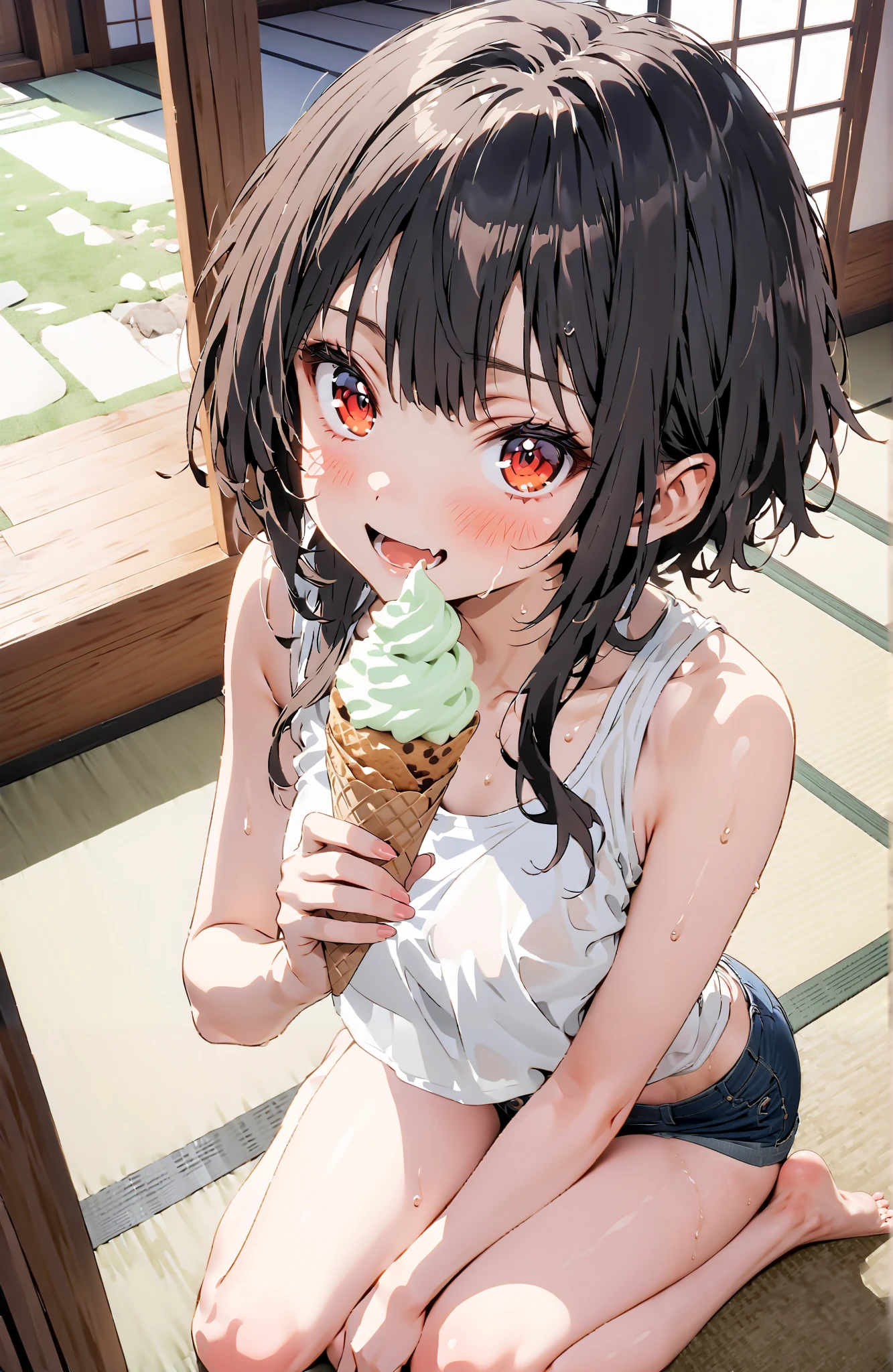 score_9, score_8_up, score_7_up, source_anime,
konosubaMegumin, Megumin, short hair, black hair, red eyes, short hair with long locks,smile,blushes,open their mouths,sweat,see-through,Loose tank top,denim micro shorts
,Bare legs,Holding soft serve ice cream with one hand,eating soft serve ice cream,sweat, sitting on the veranda,tatami,Japanese-style room,noon,sweat,Japanese Garden,full bodyがイラストに入るように,break indoors,縁側,
break looking at viewer,full body,
break (masterpiece:1.2),top quality , kampala, Unity 8K Wallpaper ,(shape:0.8),( fine, beautiful eyes :1.6),It's a person ,full body写真,CG Details , (perfect hands,complete anatomy),