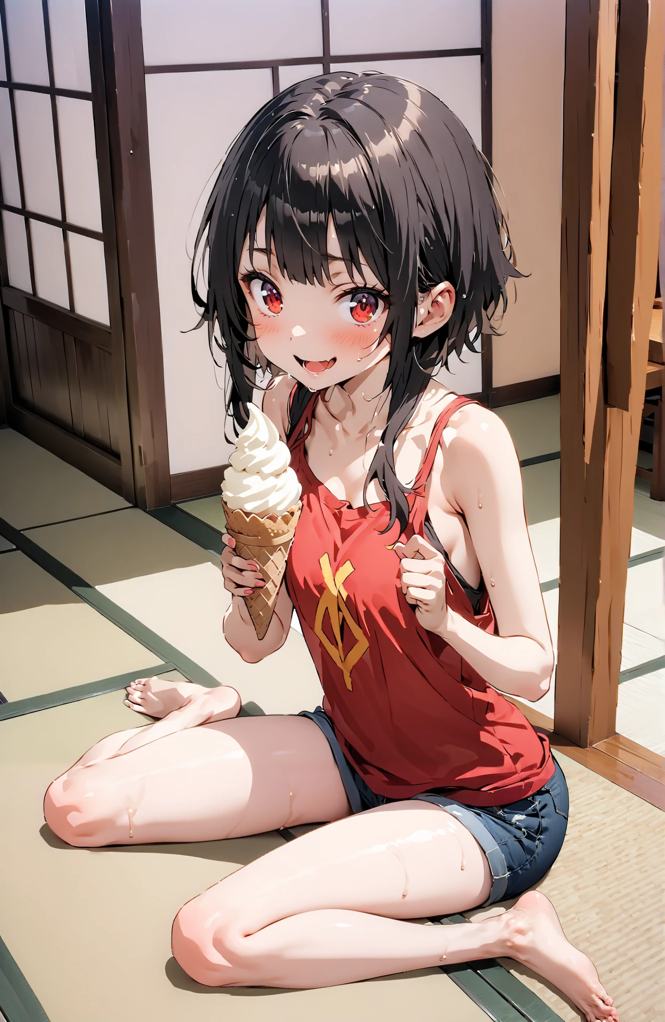 score_9, score_8_up, score_7_up,  source_anime,
konosubaMegumin, Megumin, short hair, black hair, red eyes, short hair with long locks,smile,blushes,open their mouths,sweat,see-through,Loose tank top,denim micro shorts
,Bare legs,Holding soft serve ice cream with one hand,eating soft serve ice cream,sweat, sitting on the veranda,tatami,Japanese-style room,noon,sweat,Japanese Garden,full bodyがイラストに入るように,break indoors,縁側,
break looking at viewer,full body,
break (masterpiece:1.2),top quality , kampala, Unity 8K Wallpaper ,(shape:0.8),(  fine, beautiful eyes  :1.6),It's a person ,full body写真,CG Details , (perfect hands,complete anatomy),