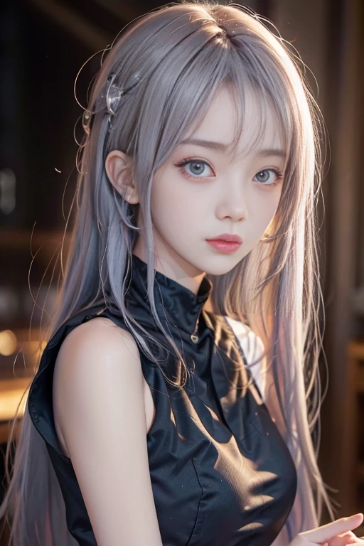 Top image quality、Raw photography、超A high resolution、18 year old cute Korean、Shooting for one person only、big round chest、room wear、Shiny hair、Beautiful Eyes of Details、very elongated eyes、Beautiful eyelashes、Beautiful double eyelids、eyeshadows、耳Nipple Ring、chest above close-up、Wall on grey background