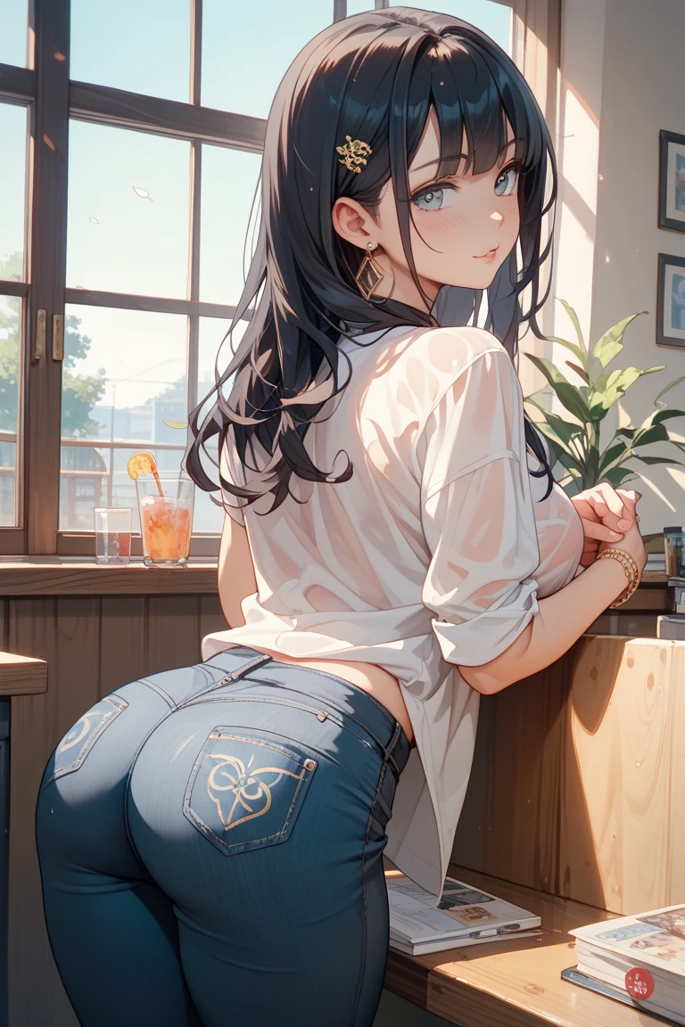 this is a painting of an anime woman sitting on barstool cushion in denim miniskirt, 1girl, solo, ass, white panties, blush, looking back,