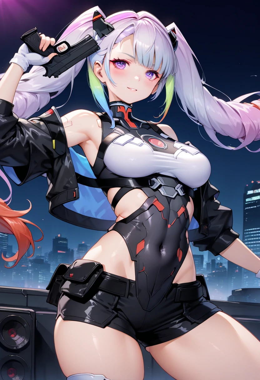 ak15, holding gun, assault rifle, glowing purple eyes, long hair, blush, lipstick,, outdoors, rooftop, cityscape, building, railing, night, night sky, scenery, moon, city lights, gloves, masterpiece, best quality, highly detailed, a girls with a gun, evil smile , open mouth, sexy gaze, badass
pose , evil smile, smile, (nsfw) not safe for work, guns blazing, anime girl with long hair, beautiful long
haired girl, navel, evil expression, exposed belly, exposed navel, exposed midriff, exposed lower belly,
long black pants, crop top, cleavage, unbuttoned leather pants ,open fly, low rise black leather pants,
leather jacket, holding a gun,