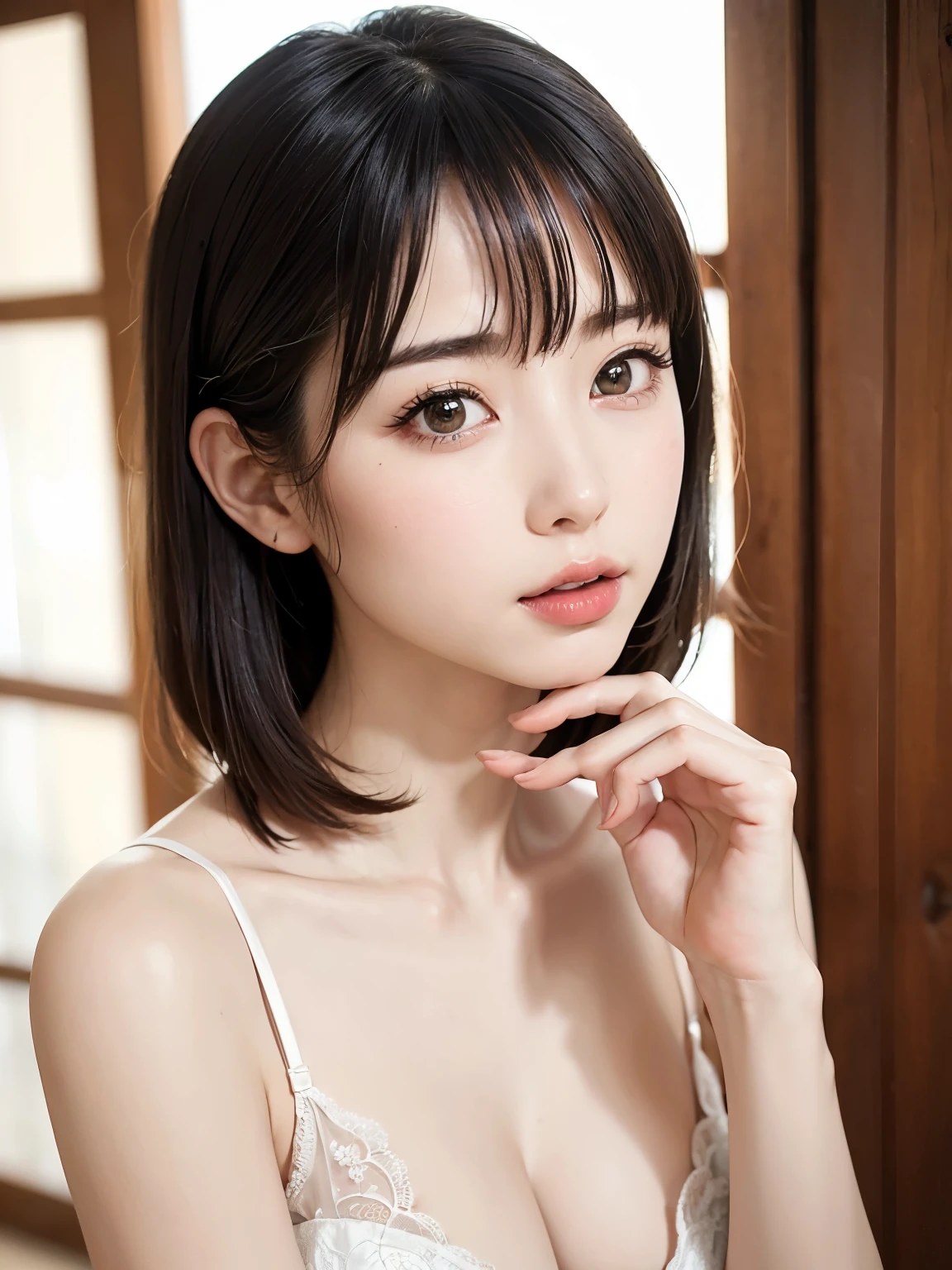 1 girl、highest quality、Realistic、alone、Written boundary depth、Natural soft light、Daytime、charm、Beautiful Face、Cleanliness、Pure Face、White skin、cute、Bob Hair、short hair、bright hazel eyes:1.6、Beautiful Lips、美しいLong neck、Beautiful décolletage、bangs、Beach、Light of the sun、Nedium Breast Body Esbian、((黄金比のBeautiful Face、 対称性のあるBeautiful Face、Dutch Angle Shot、Elevation))、Long neck、Show me your ears、Stick out your ears。bangsのあるきれいな短いBob Hair、smile with your mouth closed、Perfect hands指、Perfect hands、Perfect body、Perfect Face、Shine a light into your eyes、Perfect Anatomy:1.6、とてもcuteスーパーモデル:1.6、{Huge|big|Hugeな|Mega} chest, chestの谷間、smile:1.6、Very beautiful teeth:1.6