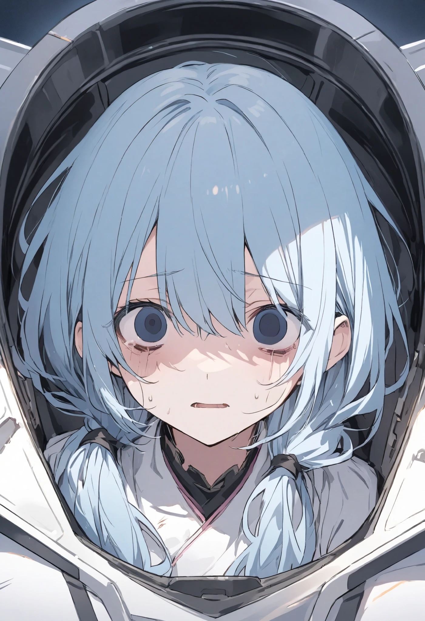 anime、light blue hair tied at the top、near future、 in the cockpit、、dying、tattered、hollow eyes、pretty girl