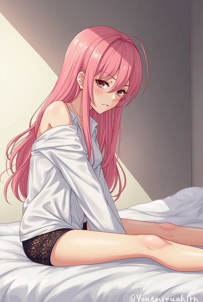 anime, 1girl, pink long hair, pink eyes, goth makeup, black short nightgown, flowing hair, small boobs, barefoots, embarrassed face, pillow hug, yes-pillow, spoken heart, pillow hug, lying, from side