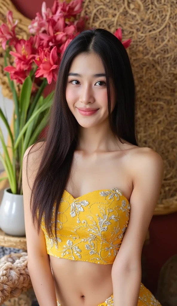 (best quality, masterpiece:1.2), white background, realistic, (brown hair:1.2), big eyes, beautiful woman, smile, eyelashes, highly detailed face, fierce look, angry look, looks like a naughty celebrity but is a good girl, virgin girl, inexperienced virgin girl, full body, (slanted angry eyebrows: 1.5), (discrete sex appeal: 1.0), (big kind smile: 1.2), (open mouth smile: 1.2), (happy: 1.2), (kind face: 1.2), (genuine smile: 1.2), (genuine smiling eyes: 1.2), innocent girl that looks naughty, (ao dai: 1.2)