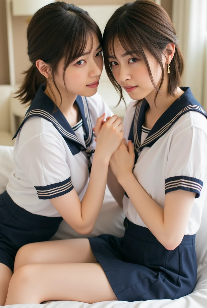 8K, RAW portrait of (japanese woman),masterpiece、Photoreal:1.2、realistic, ultra high resolution, highest quality, real life photos ,( When evening comes :1.1),young、young girl、
((((2 girls:1.5)))), (((Two girls showing off their in the room)))、((Please sleep on your back:1.5))、(beautiful face:1.1)、日本の2 girls,((two Japanese high school girls))、((2 real high school girls))、((Japan High School Uniforms:1.6))、In the classroom、 ((dark brown eyes:1.2))、(real skin texture:1.3)、(Immersive atmosphere:0.8、chiaroscuro:1.2) 、(look viewer:1.3)、((embarrassed look))、((blush:1.3))、((from belowの天井:1.2))、(sm2)、((((wearing very small silk panties))))、(shot))、((Womaning up her skirt))、((from below:1.15))、((panties close up:1.49))、( your legs to the side:1.4))