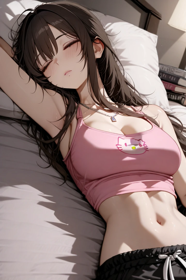 (super flat, flat shading, flat color:1.1)、(magazine cover)、An illustration、(One Asian boyish girl)、(cute:1.2)、Very beautiful 14 year old girl manga、cheeks are red、(high detail skin: 1.2)、embarrassed look、Photorealistic anime girl rendering、Realistic anime 3D style、beautiful brown hair、intense black eyes、strong eye highlights、(get used to it、Medium chest)、perfect anatomy、(sweaty)、Pale pink underwear、(wet with water)、spread your legs、head tilt、volume lighting、soft light、bright、bright色、watercolor painting、shortcut、hair band、frills、Bedroom、vapor、on the bed、night