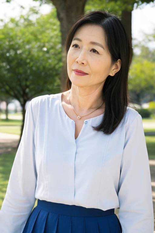 ((highest quality)), ((8K)), ((masterpiece: 1.3)), (Perfect appearance), (Photorealism: 1.6), (tree々A park on a sunny day with lush greenery: 1.4), (公演を散歩する一人のJapanese Mature), (Detailed background), (Standing), (Full body portrait: 1.4), (60 years old, Japanese Mature), (A mature woman with a rustic atmosphere), ((Realistic skin texture)), (Fine lines all over the skin), (Dull skin), (Facial wrinkles), (Wrinkles around the eyes), double eyelid, Tear bags under the eyelids, A gentle smile, Shy expression, Short bangs, Straight, slightly long hair, Updo, (The gaze is directed diagonally upwards: 1.6), BREAK(Plain white T-shirt: 1.2),BREAK (jeans: 1.4), pumps, Slimming, Small breasts, Flat Chest,