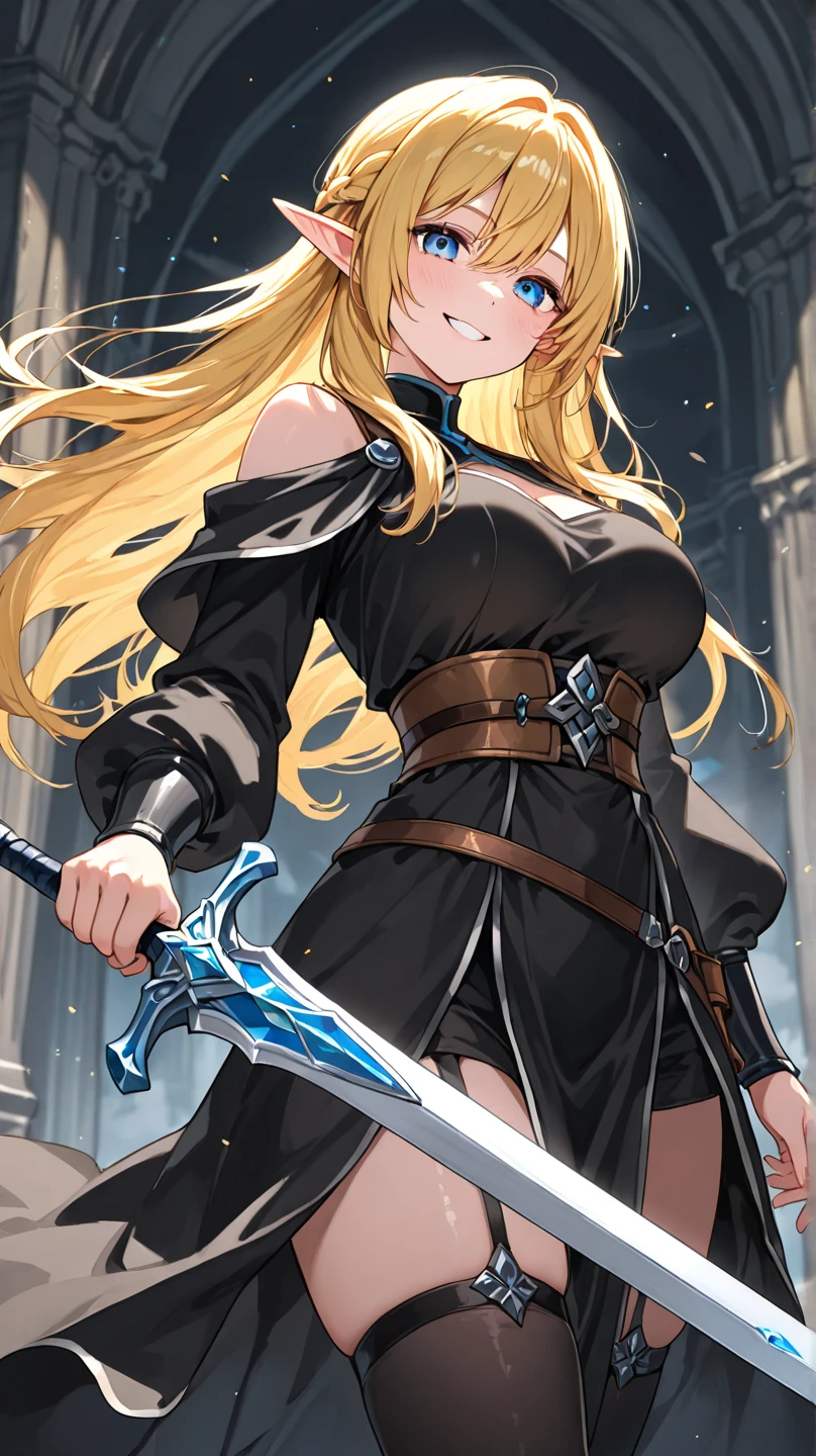 {{masterpiece}}, {{{best quality}}},{{ultra-detailed}}, {{illustration}},{{tall stature}},{{adult women}},((Female Swordsman)),Small breasts,Slender,{{armor}},((mini skirt)),Leather boots Get down on one knee V-shaped eyebrows Sweat No sleeve Shoulder Armor Gauntlet A strong expression blunt bangs Blonde long hair 1 female,alone, Jail