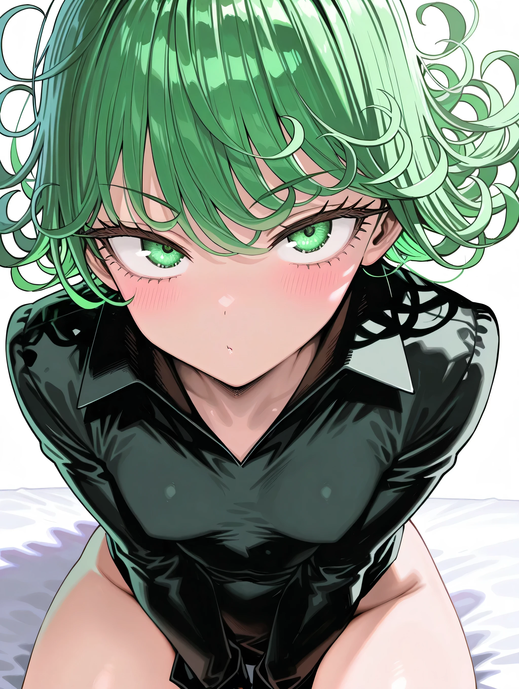 [artist:kanzarin], masterpiece,best quality,amazing quality, 748cmstyle, solo,bangs,eye focus,face,close-up,looking at viewer,eyelashes, [artist: murata yuusuke], anime screencap, master piece, tatsumaki(one-punch man), bottomless, cute expression, green hair, short hair, wavy hair, small stature, floating hair, looking at viewer, long sleeves, sitting, soft lighting, white background