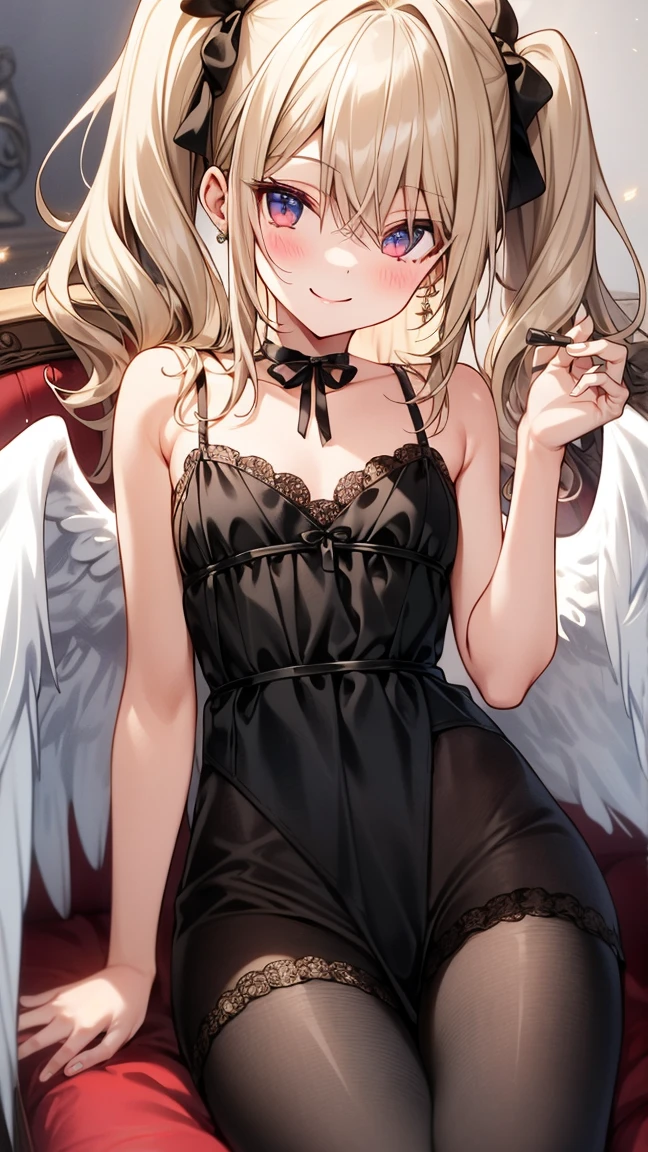 1girl, :d, ahoge, angel, angel wings, apple, bandaid, bangs, black wings, blood, blue eyes, cake, cake slice, cherry, cross earrings, cup, ear piercing, earrings, eyebrows visible through hair, feathered wings, food, fork, fruit, grapes, hair ornament, hairclip, indoors, jewelry, knife, long hair, looking at viewer, on stomach, open mouth, piercing, pill, plate, pointy ears, puffy short sleeves, puffy sleeves, ribbon, short sleeves, smile, solo, strawberry, twintails, window, wings <lora:mazav2C(1):0.7>