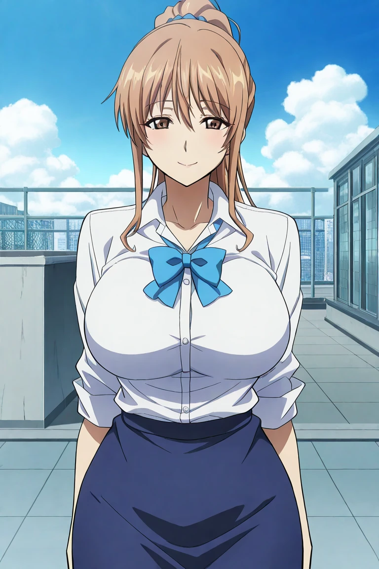 ((highest quality, High resolution, Perfect Pixel, 4k)), (Beautiful Anime Girls), Depth of written boundary、
Watching the audience,
Perfect body,
yuigahama yui, Brown eyes、Detailed eyes、single hair bun,
(Big Breasts:1.5)、
Focus on the chest、
White shirt, Black jacket、Checked Skirt、
School classroom、
smile、
(Tan Skin、Sunburned skin:1.3)、
window、curtain、