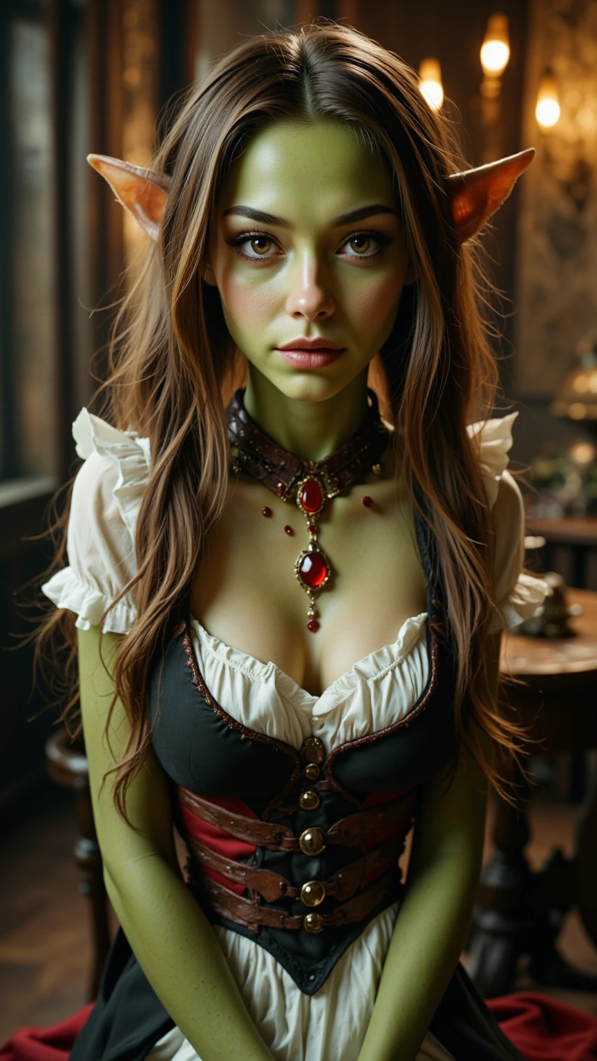 Female faun with curly long brown hair, freckles on her face and a deer nose, green eyes, green Steampunk engineer outfit, 8k, photorealistic, best quality 