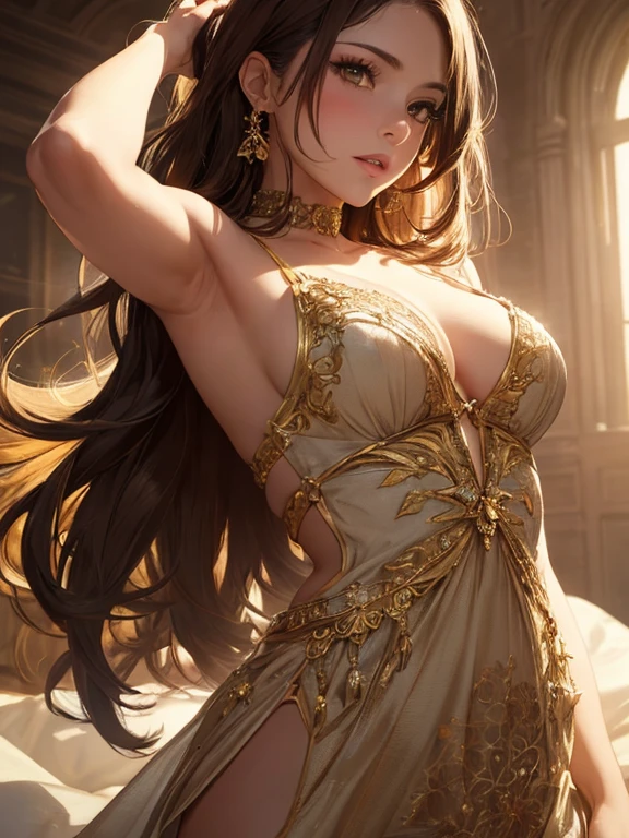 highly detailed skin, highly detailed face, (beautiful detailed eyes, red cheeks, smile), ((a girl stands)), The girl is a cute 18 year old bride, ((no panties, Cute, thin pubic hair)), (Not wearing a bra, small breasts, cute nipples), (golden wedding dress), ((golden heel shoes)), (white tights), the girl is slender, lace mini skirt, reddish brown hair, side ponytail hairstyle, flower hair ornament, earrings, golden lace gloves, The Veil of the Bride, bride tiara, beautiful necklace, church chapel, A blizzard of falling flowers, ((Photographed from the front so that the girl&#39;s whole body is included)),