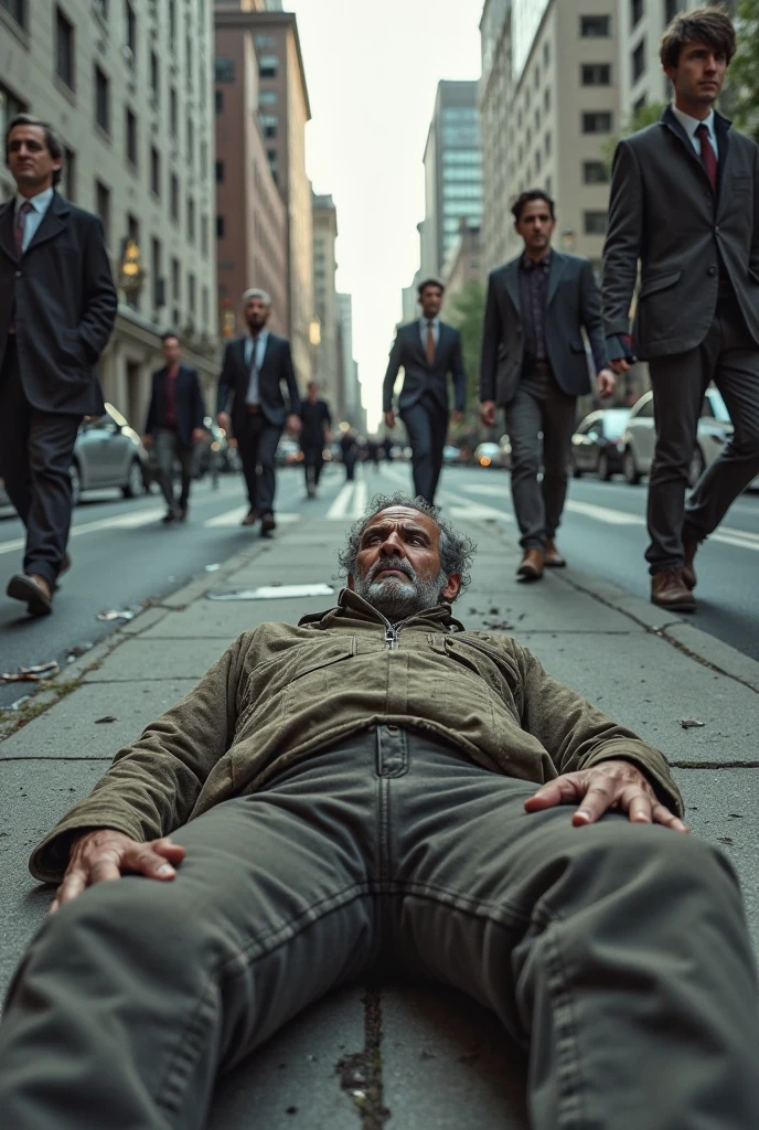 A very thin man is asking for money from overweight men in suits