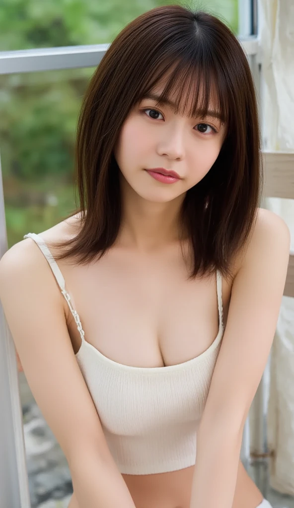 masutepiece, Best Quality, 8K, 20 year old, small titig eyes))、Raw photo, absurderes, award winning portrait, Smile, Solo, Daytime, Idol face, Delicate girl, Upper body, Digital SLR, Looking at Viewer, Candid, Sophisticated, Thin arms, soft light rays、Professional Lighting, chromatic abberation, (Eyes and faces with detailed:1.0), ((NSFW:1.7、realisitic))、1girl in, Look at viewers, Young Face、Satisfied look, (( Opening legs、Open your legs、Crotch main)),Putting out the chest、Classroom、tits out、small tits