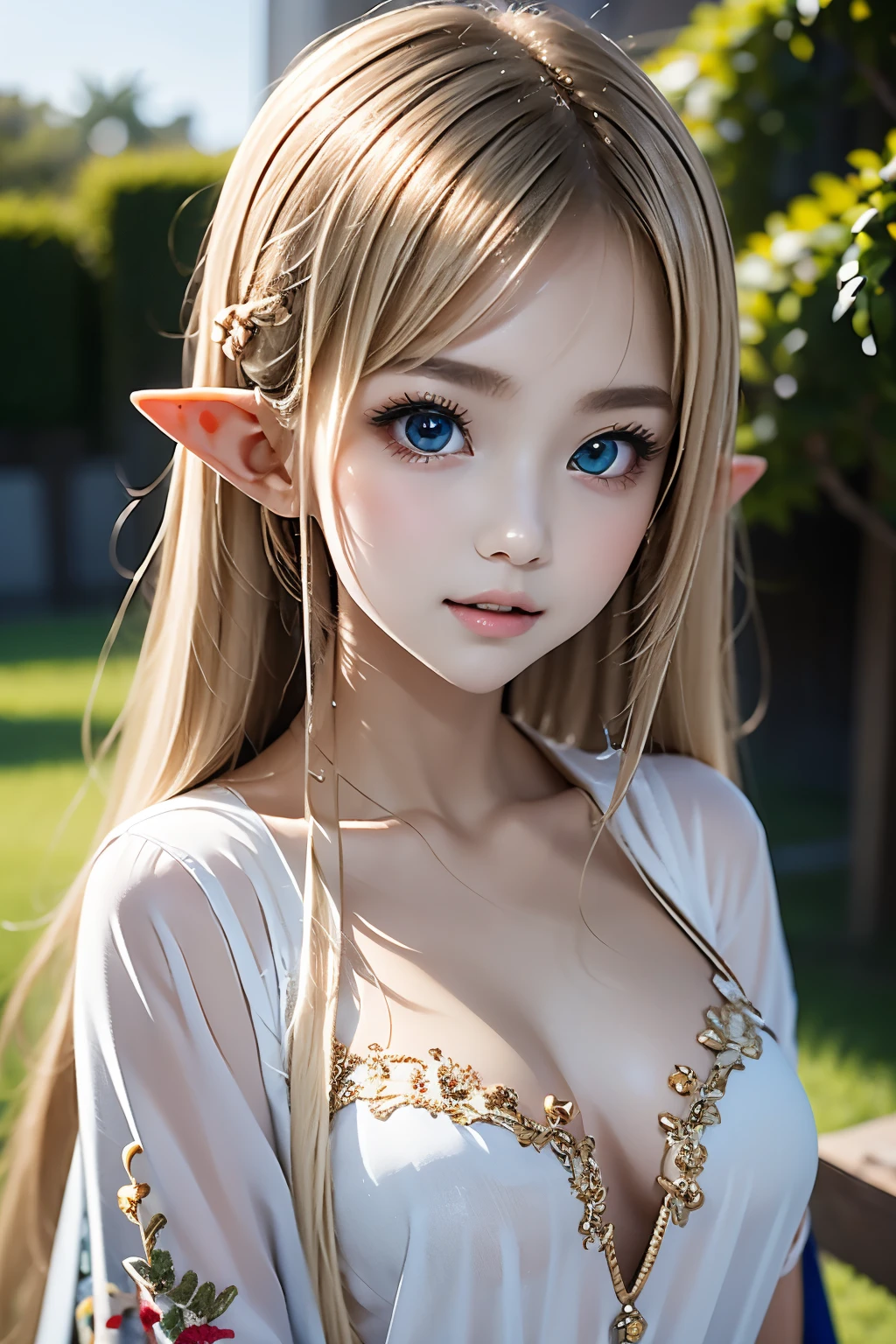high-detail、Beautiful blonde、12Year old girl、elvish、fullnude、in woods