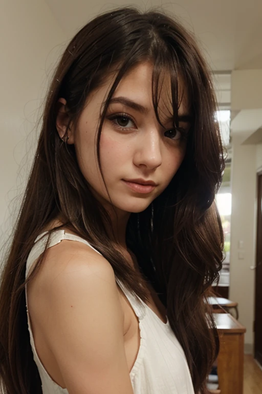 16 year old girl, rasgos estadounidense, piel blanca, labios carnosos naturales, long light brown hair with bangs, atractiva vestido amarillo
